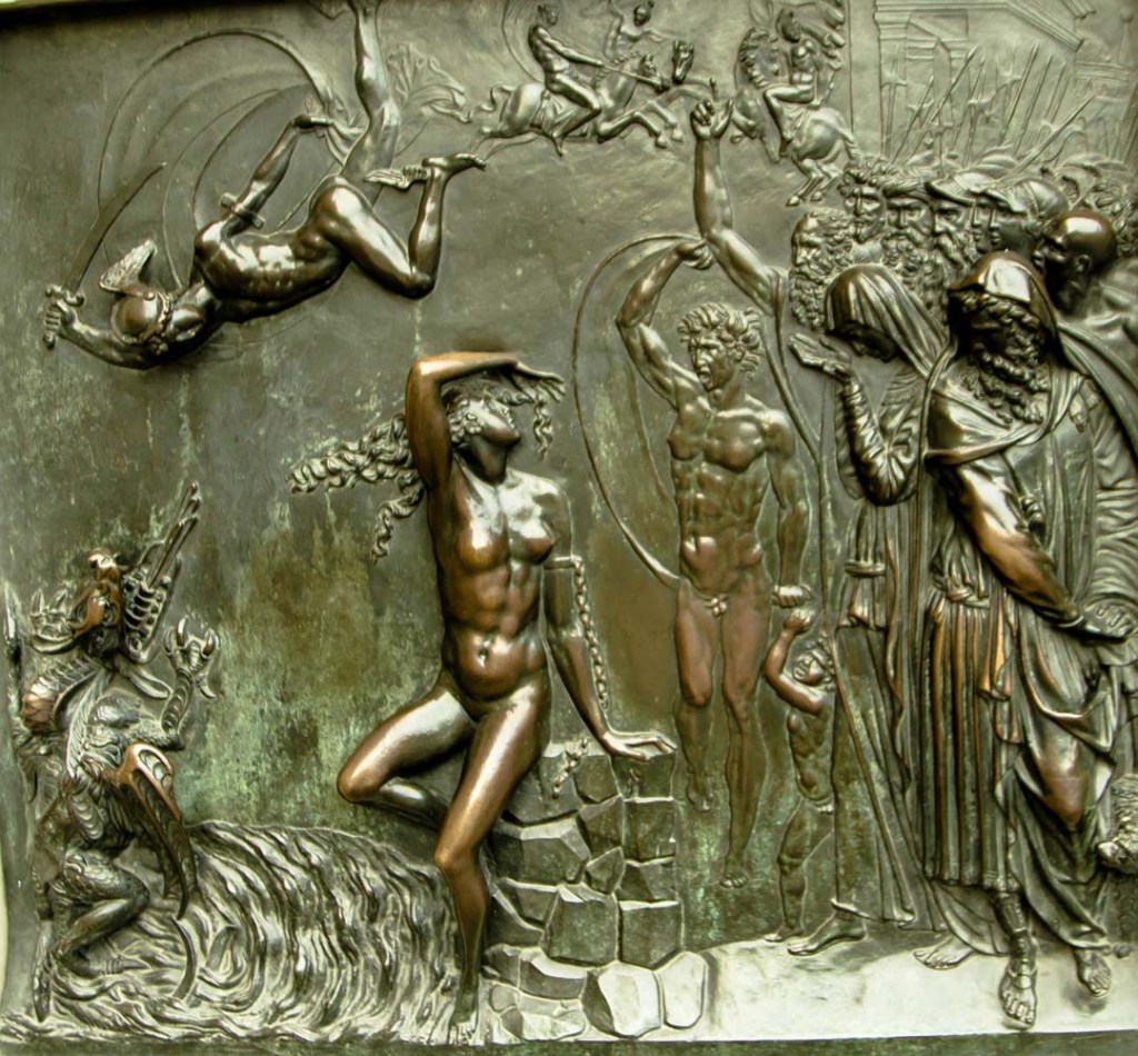 Perseus by Benvenuto Cellini base, adorned with bronze relief panels, narrates the story of Perseus and Andromeda, reminiscent of an altarpiece predella.